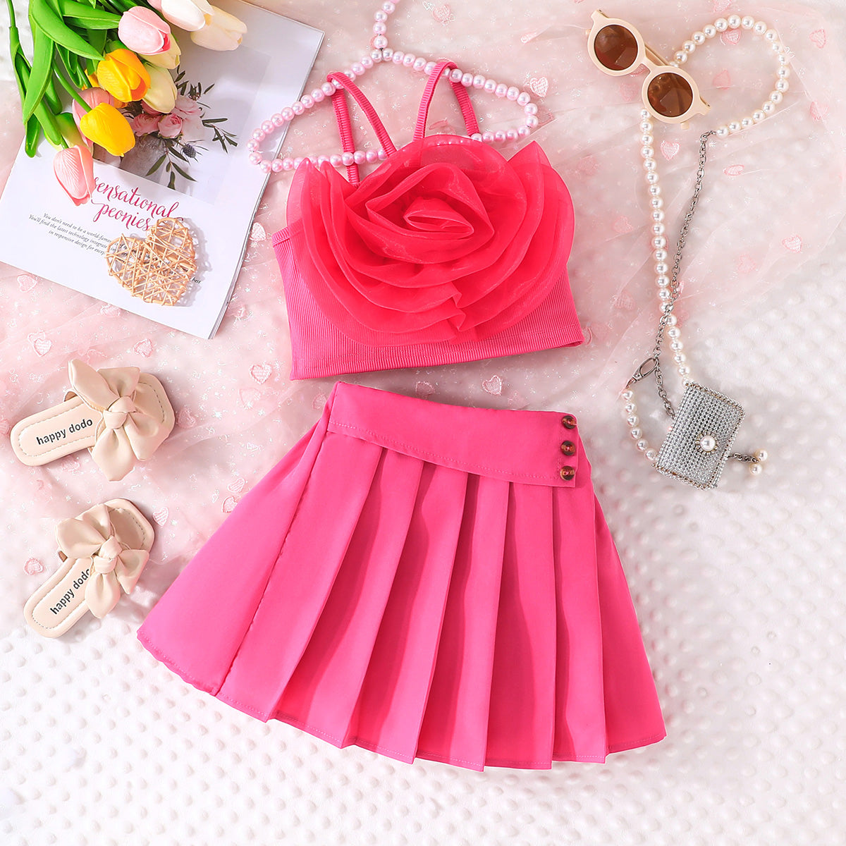 Girls Dark Pink Flower Applique Crop Top With Pleated Skirt Summer Set 2 pc. Sets Dark Pink 2-3 Y