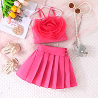 Girls Dark Pink Flower Applique Crop Top With Pleated Skirt Summer Set 2 pc. Sets Dark Pink 2-3 Y