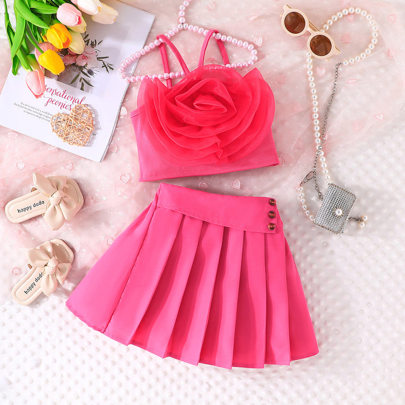 Girls Dark Pink Flower Applique Crop Top With Pleated Skirt Summer Set 2 pc. Sets Dark Pink 2-3 Y