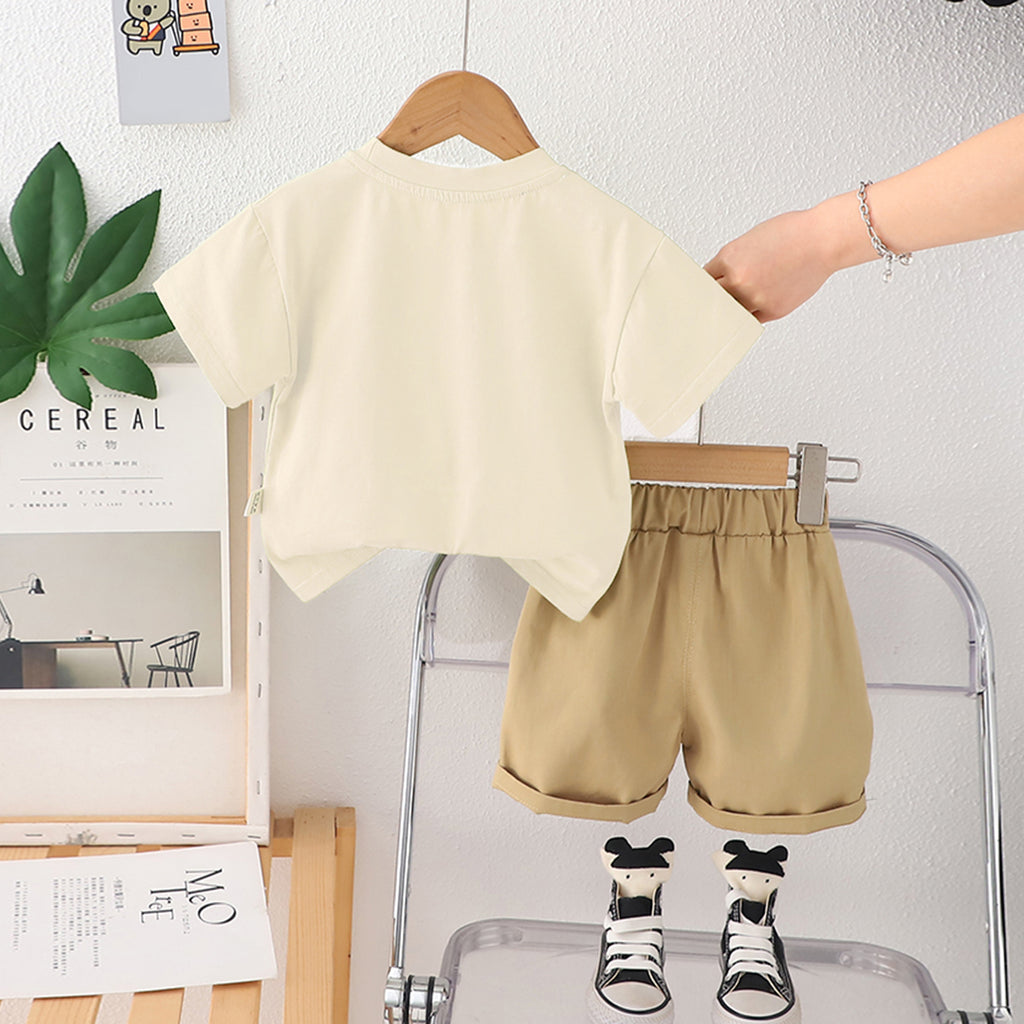 Boys Beige Elephant Printed Short Sleeves T-Shirt With Shorts set 2 pc. Sets