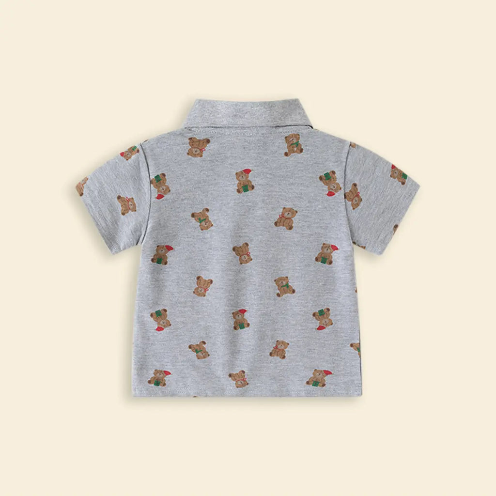 Boys Grey Teddy Bear Printed Short Sleeve Polo T-Shirt Tshirts