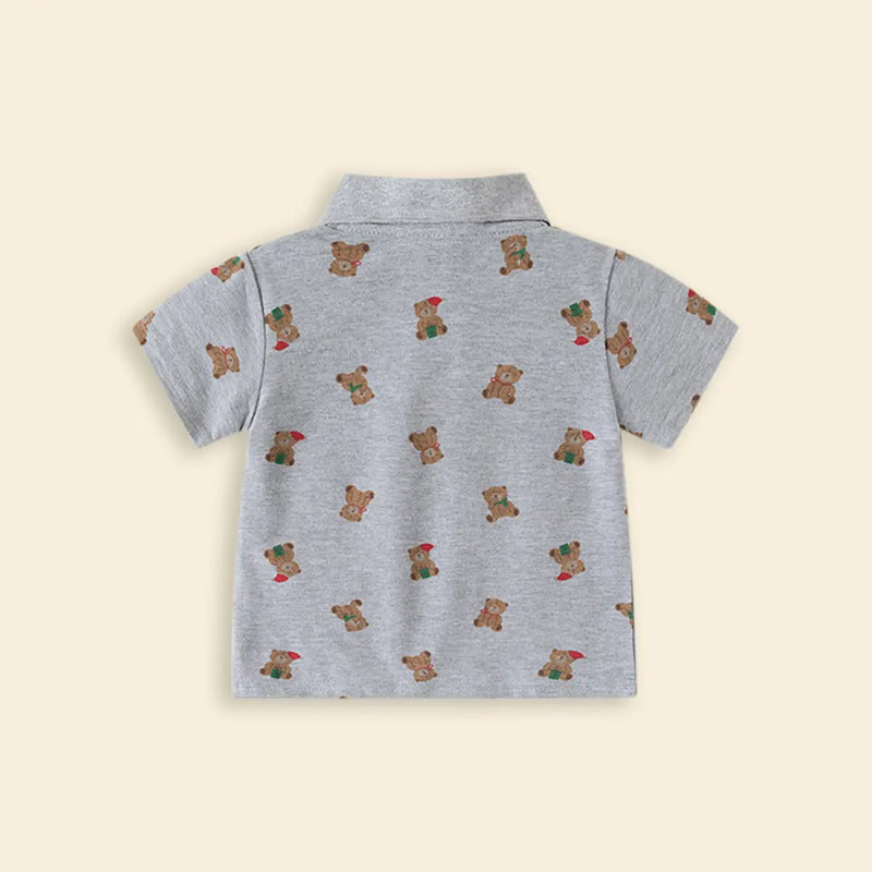 Boys Grey Teddy Bear Printed Short Sleeve Polo T-Shirt Tshirts