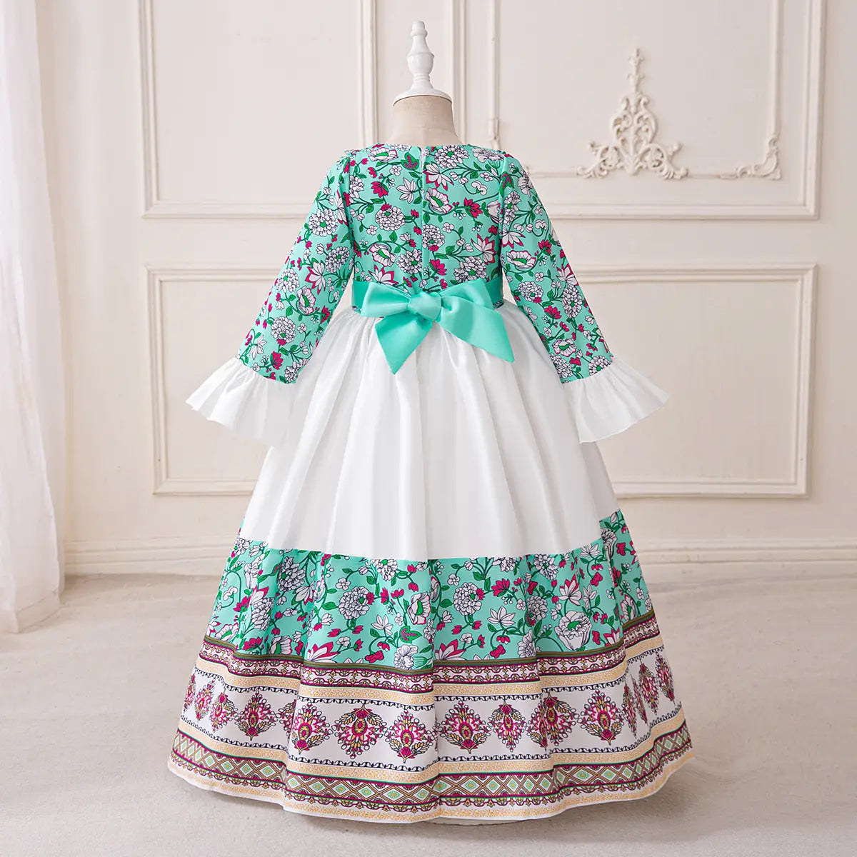 Girls Teal Floral Print Maxi Dress With Long Sleeves Casual Dresses