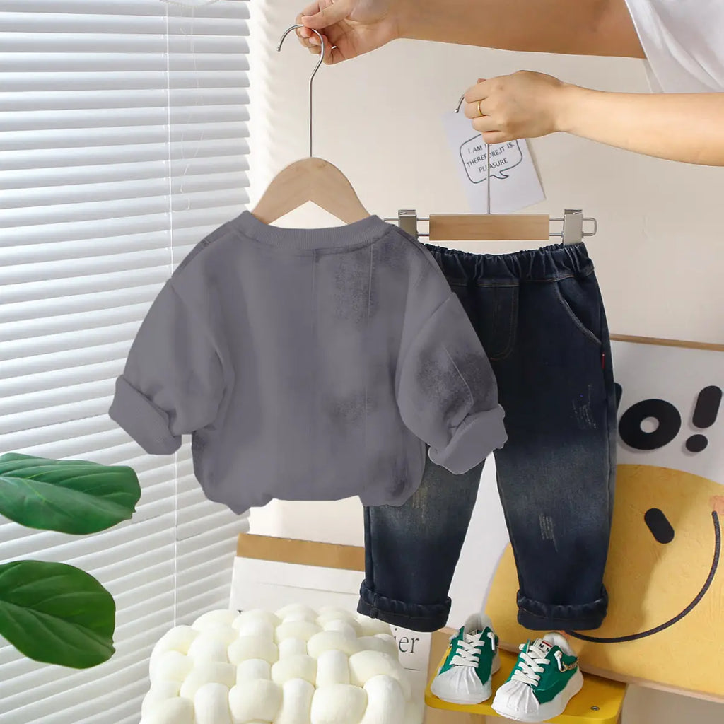 Boys Grey Typographic Regular Sweatshirt With Denim Trouser Sets 2 pc. Sets