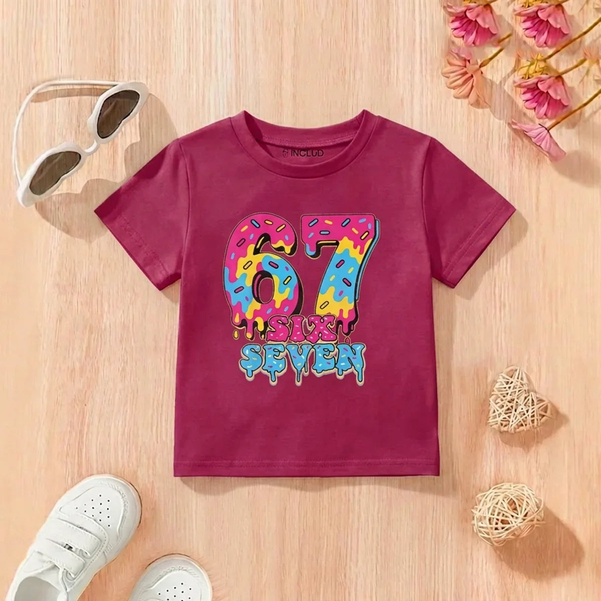 Girls Maroon Alphanumeric Print Short Sleeve T-Shirt Tshirts Maroon 2-3 Y