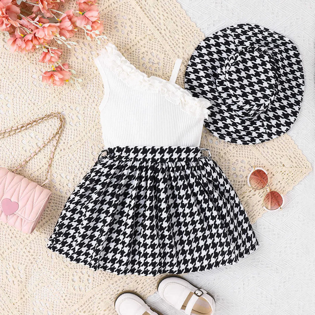 Girls Black Geometric Print One-Shoulder Fit & Flare Dress Casual Dresses