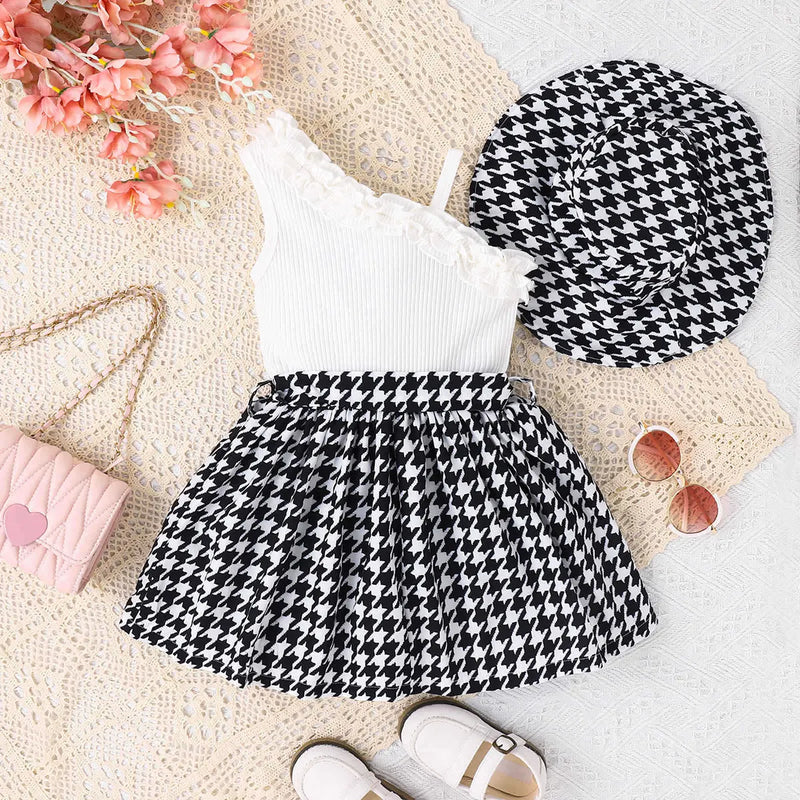 Girls Black Geometric Print One-Shoulder Fit & Flare Dress Casual Dresses