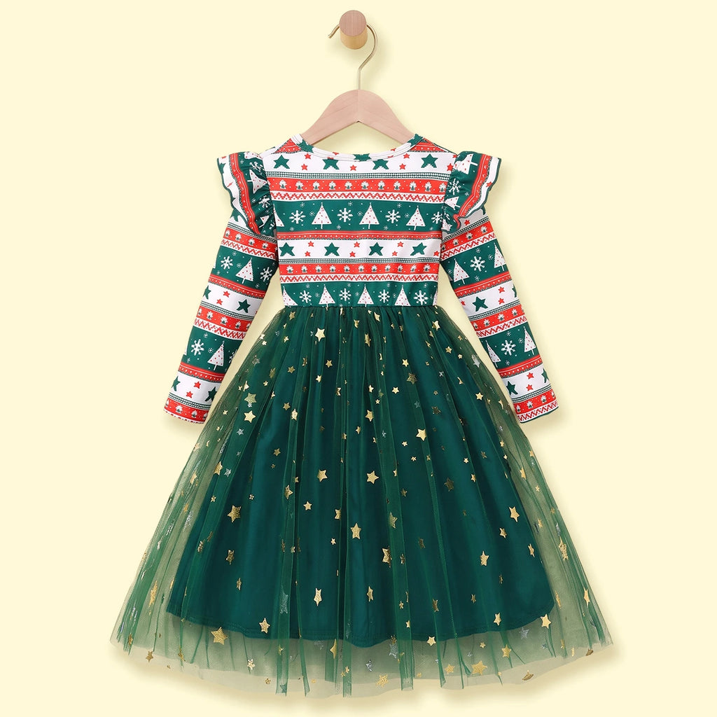 Girls Green Christmas Tree Printed Fit & Flare Dress Casual Dresses