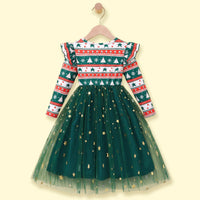 Girls Green Christmas Tree Printed Fit & Flare Dress Casual Dresses
