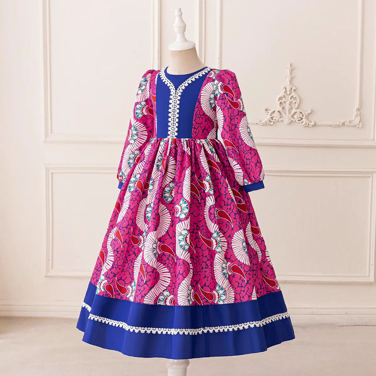 Girls Pink Paisley Print Fit & Flare Dress With Long Sleeves Casual Dresses