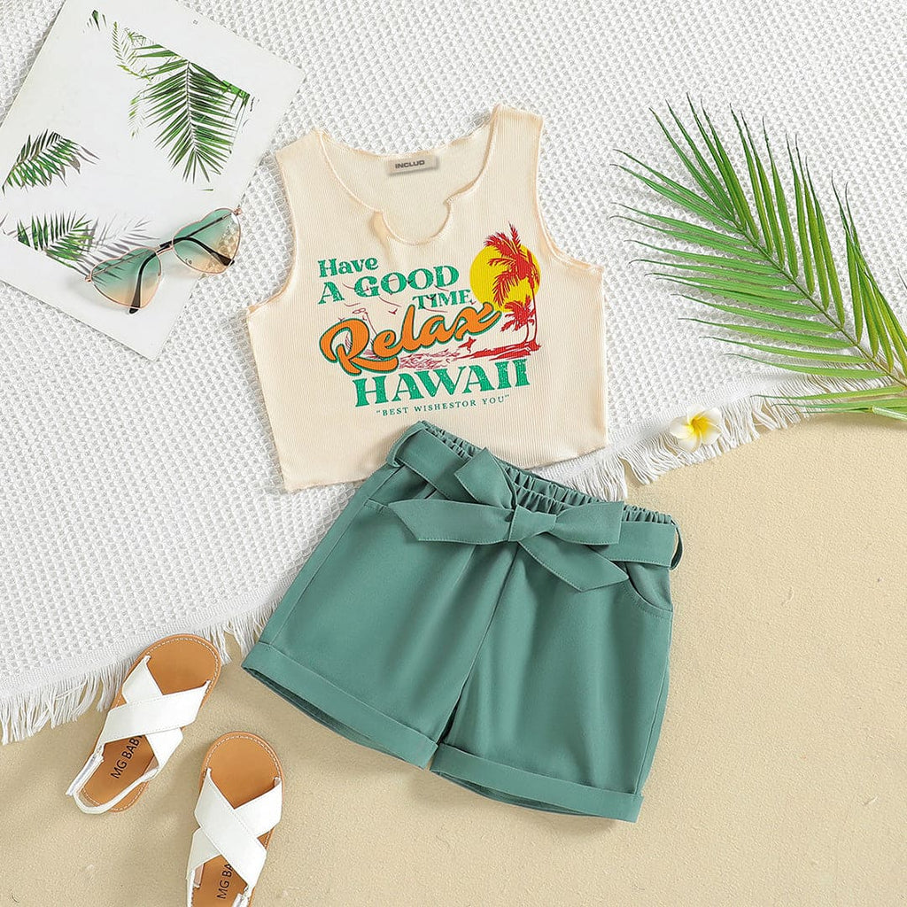 Girls Graphic Crop Top With Elasticated Shorts Set