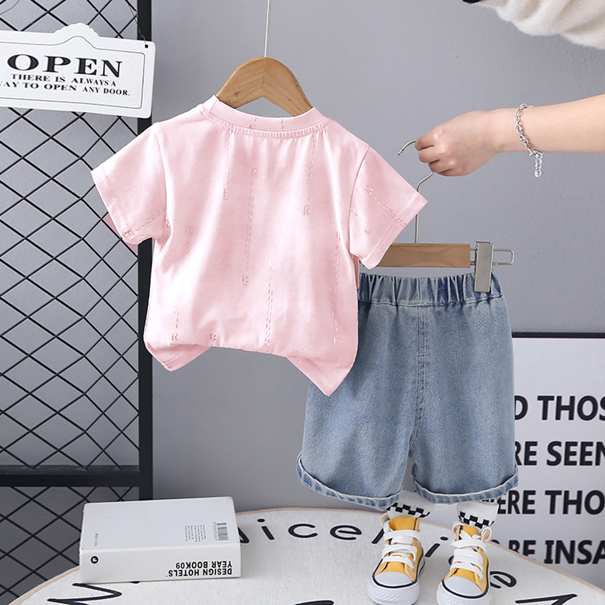 Boys Pink Short Sleeve Printed T-Shirt With Denim Shorts Set 2 pc. Sets