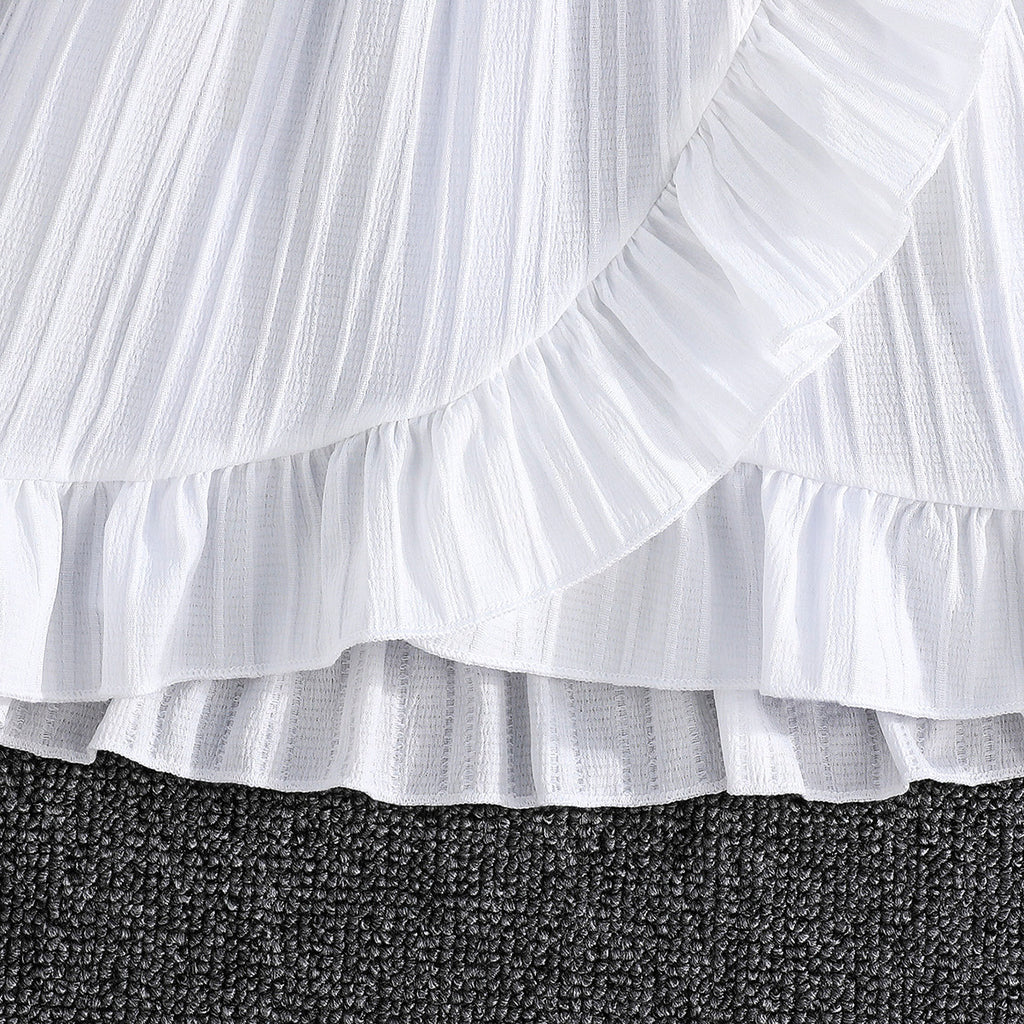 Girls White Flutter Sleeves Round Neck Dress Casual Dresses