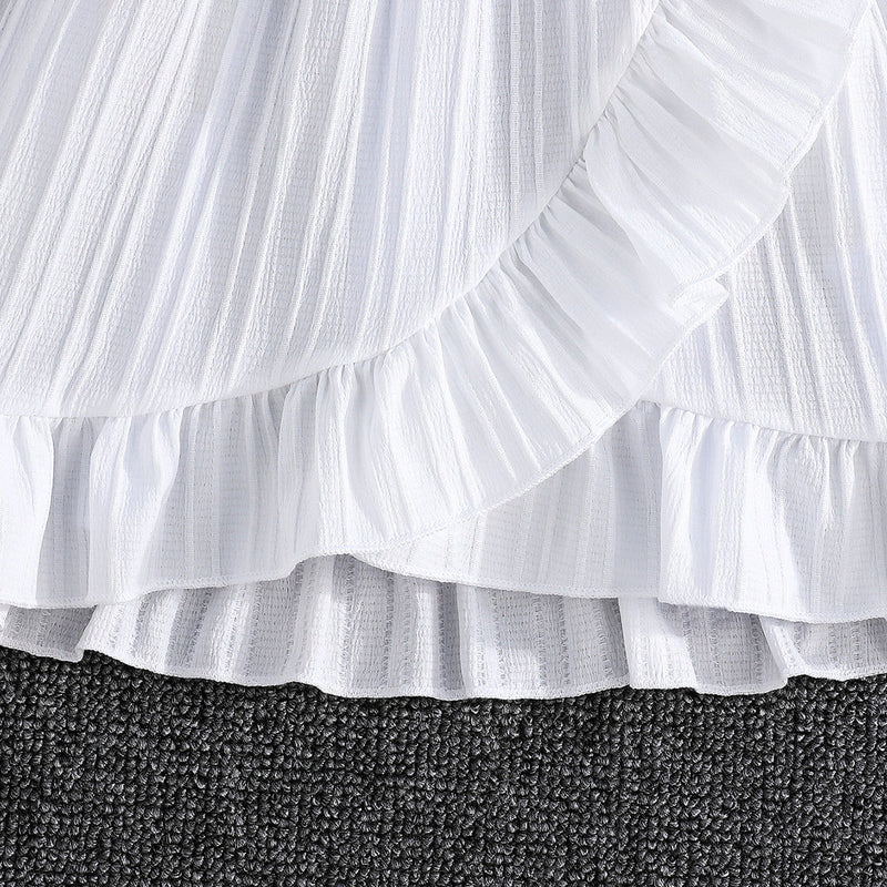 Girls White Flutter Sleeves Round Neck Dress Casual Dresses