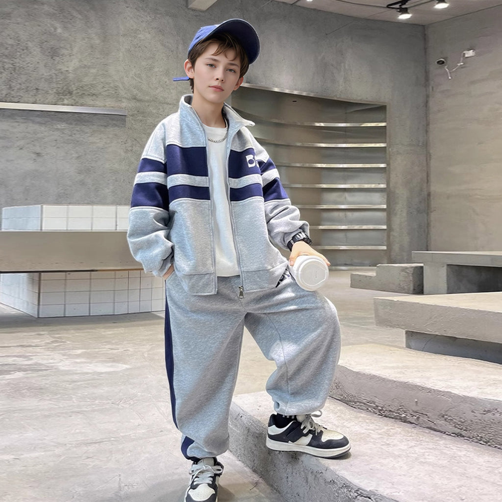 Boys Grey Colorblocked Front Open Sweatshirt With Pants Sets 2 pc. Sets Grey 5-6 Y