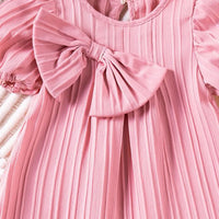 Girls Pink Stripes A-line Dress With Puff Sleeves Casual Dresses