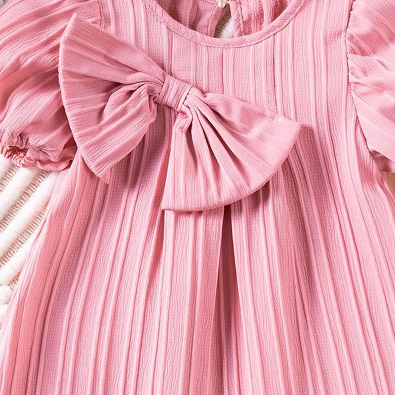 Girls Pink Stripes A-line Dress With Puff Sleeves Casual Dresses