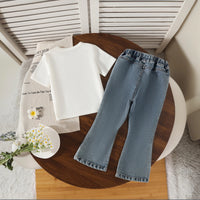 Girls White Floral Applique Short Sleeve T-Shirt With Denim Jeans Sets 2 pc. Sets