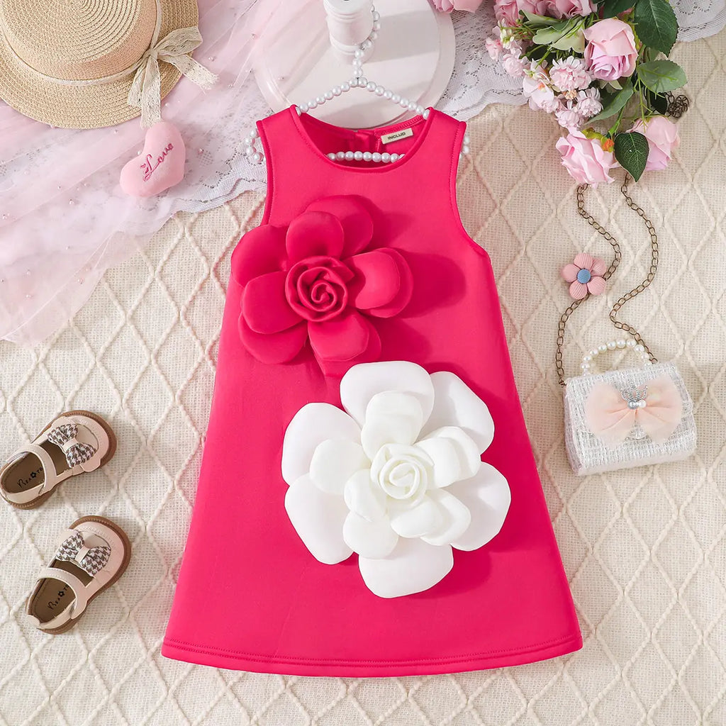 Girls Fuchsia Sleeveless A-line Dress With Large 3D Flowers Applique Casual Dresses Fuchsia 2-3 Y