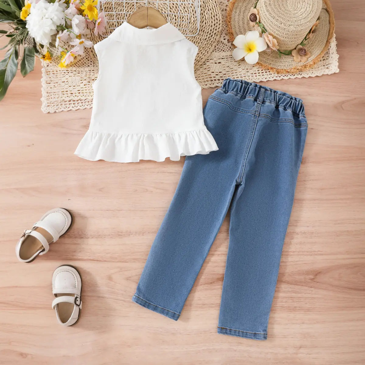 Girls White Sleeveless Ruffled Top With Embroidered Denim Pants Set Sets