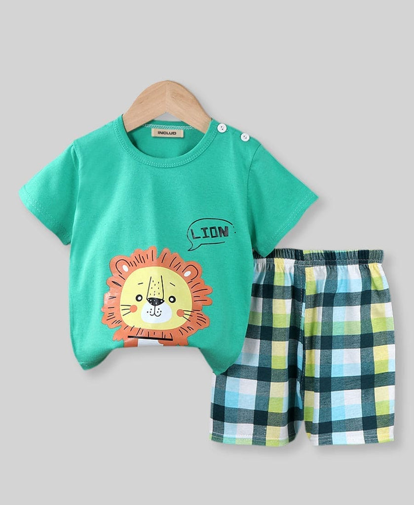 Boys Green Printed Knitted Two Piece Set