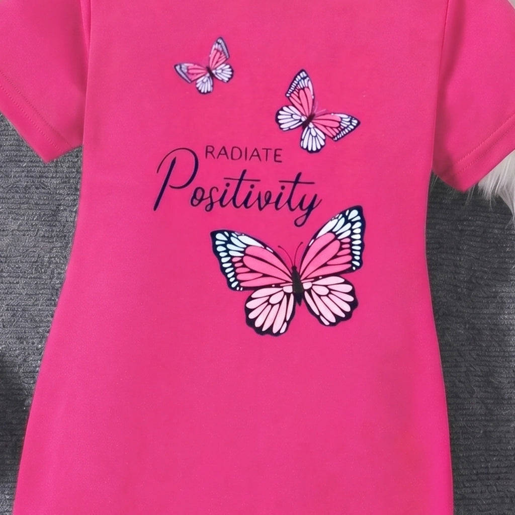 Girls Fuchsia Butterfly Print Short Sleeve T-Shirt Dress Casual Dresses