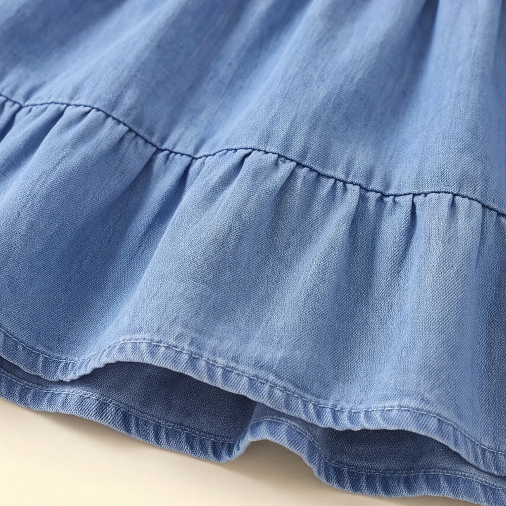 Girls Blue Bow Applique Short Sleeve Denim Dress Casual Dresses
