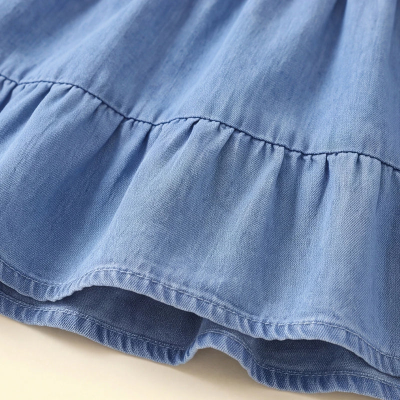 Girls Blue Bow Applique Short Sleeve Denim Dress Casual Dresses
