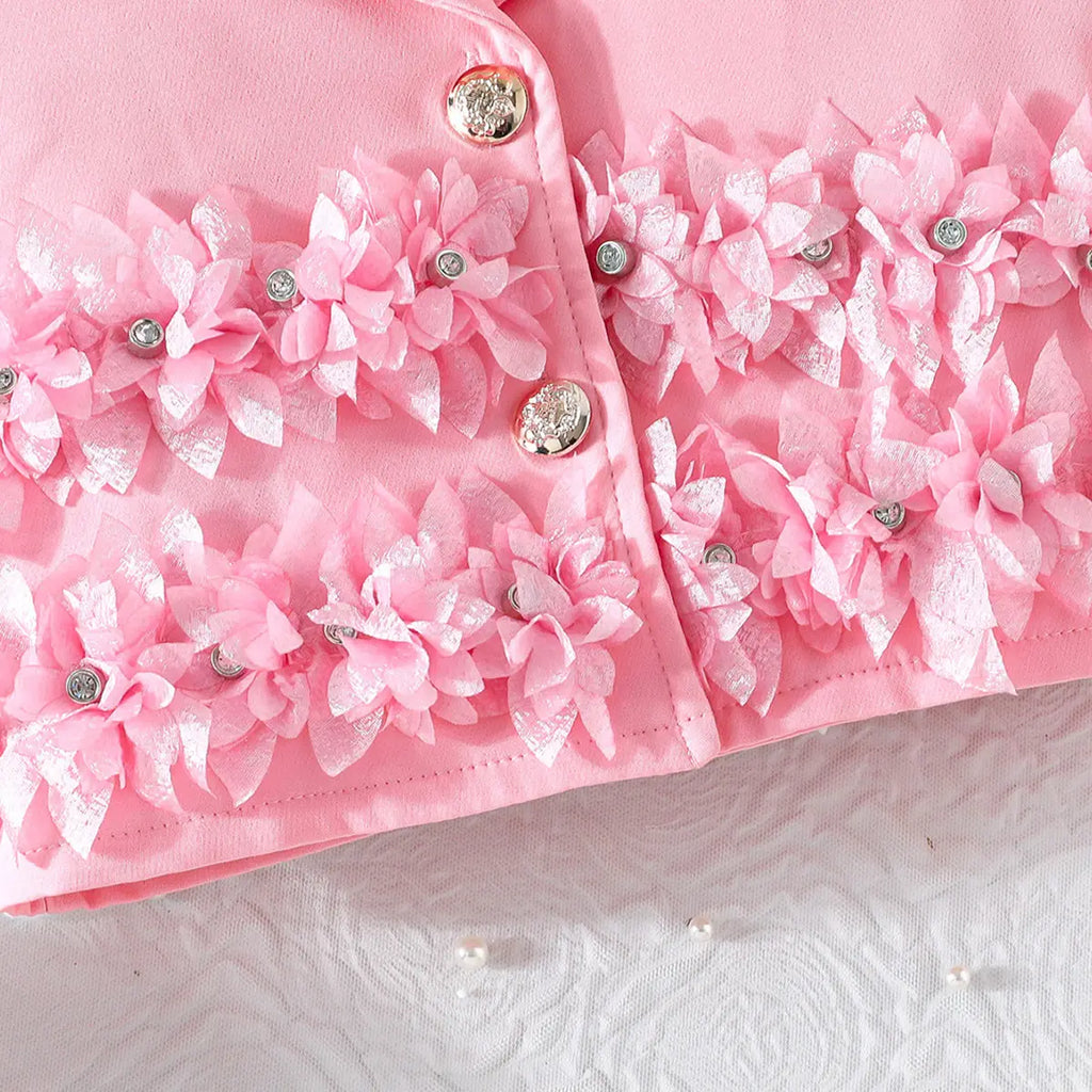 Girls Pink Floral Applique Top With Camisole Top And Pleated Skirt Sets 3 pc. Sets