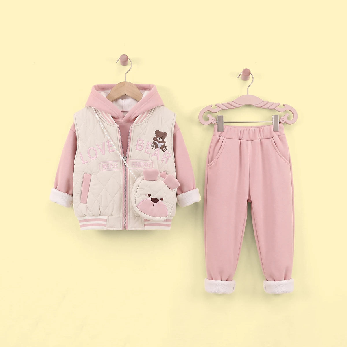 Girls Pink Embroidered Regular Sweatshirt With Sleeveless Jackets, Pants & Bag Sets 4 pc. Sets Pink 1-2 Y