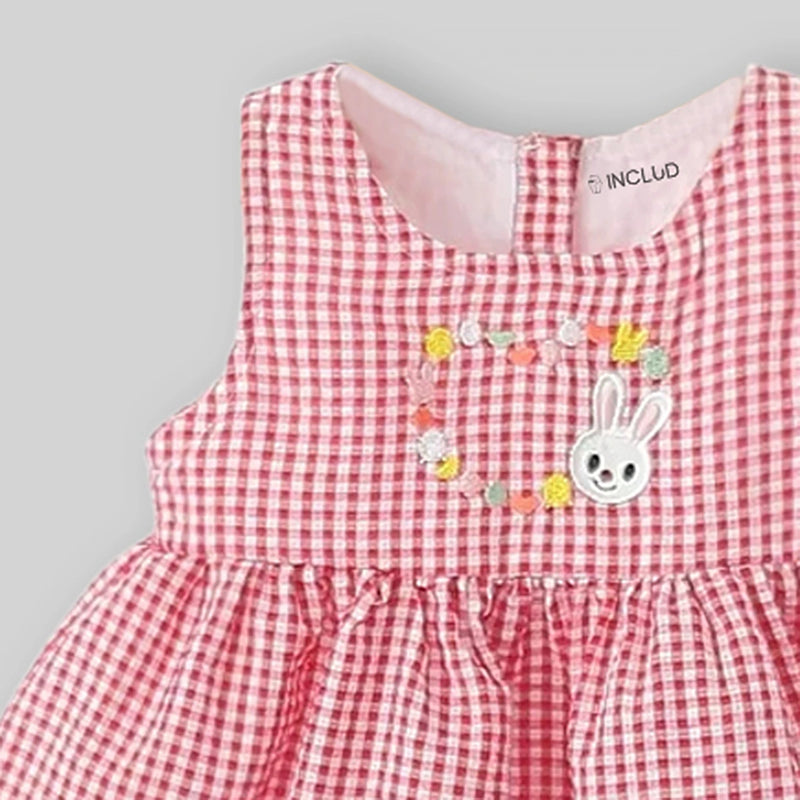 Girls Red Checked Bunny Embroidered Fit & Flare Dress Casual Dresses