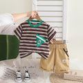 Boys Brown Striped Triangular Patch Pocket T-Shirt With Khaki Shorts Set 2 pc. Sets