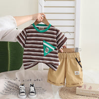 Boys Brown Striped Triangular Patch Pocket T-Shirt With Khaki Shorts Set 2 pc. Sets