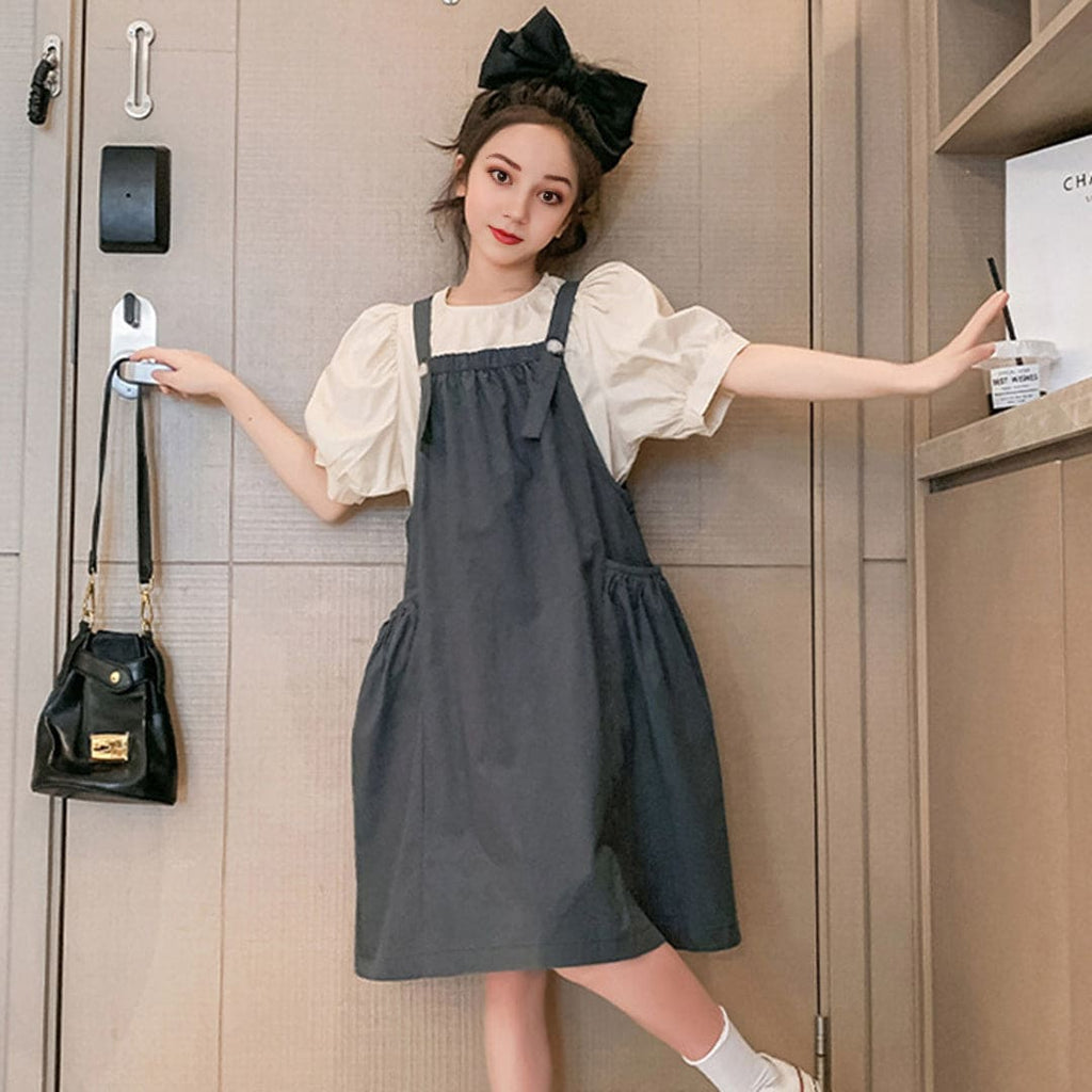 Girls Puff Sleeves Dungaree Dress Casual Dresses Gray 6-7 Y 