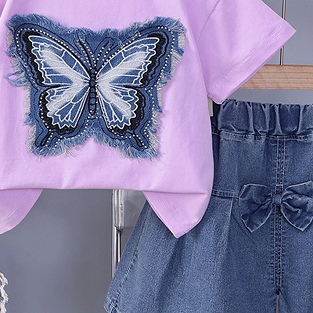 Girls Lavender Butterfly Printed Half Sleeve T-Shirt With Denim Skirt Sets 2 pc. Sets
