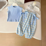Girls Light Blue Sleeveless Top With Checked Pants & Shoulder Bag Sets