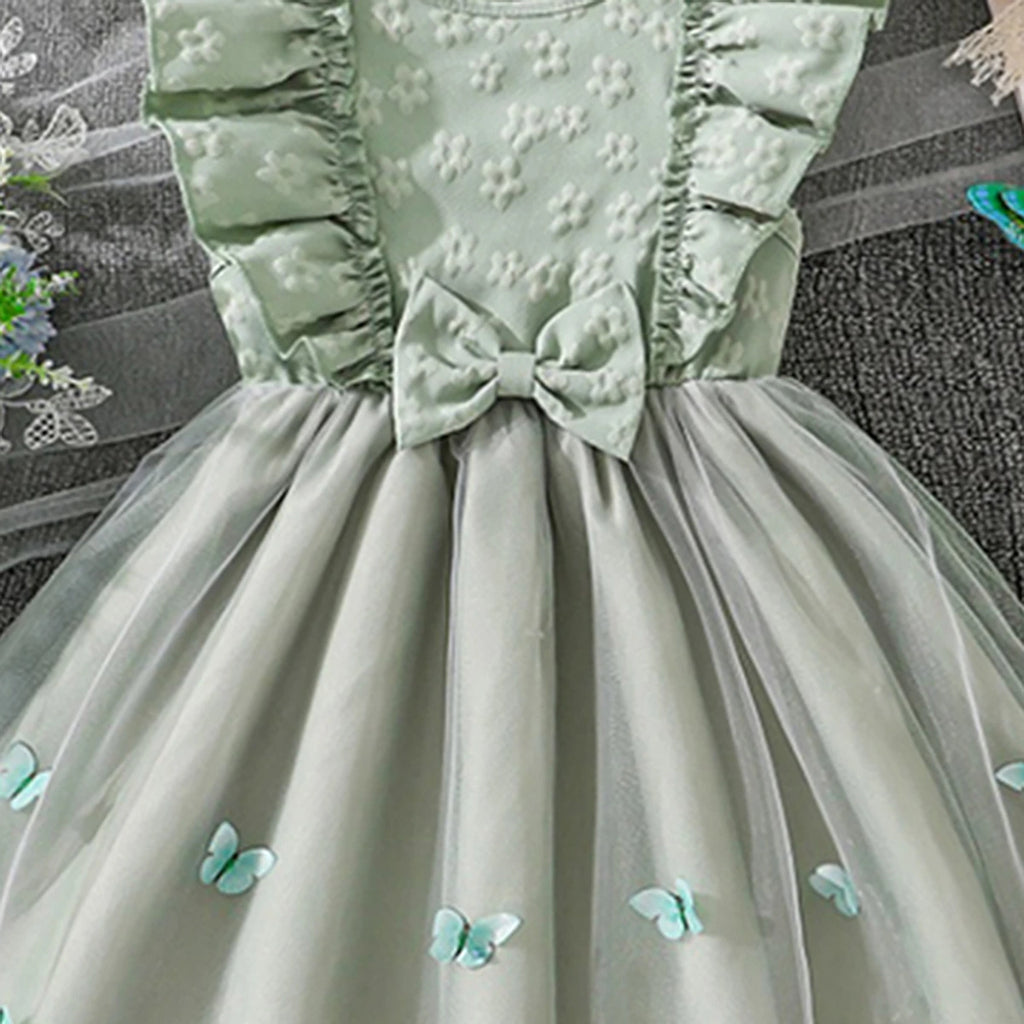 Girls Sage Green Butterfly Applique Flutter Sleeve Fit & Flare Party Dress Party Dresses