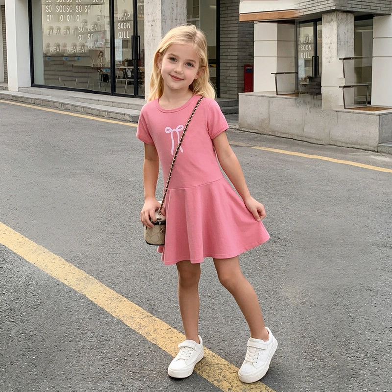 Girls Pink Bow Graphic A-Line Dress With Short Sleeves Casual Dresses Pink 2-3 Y