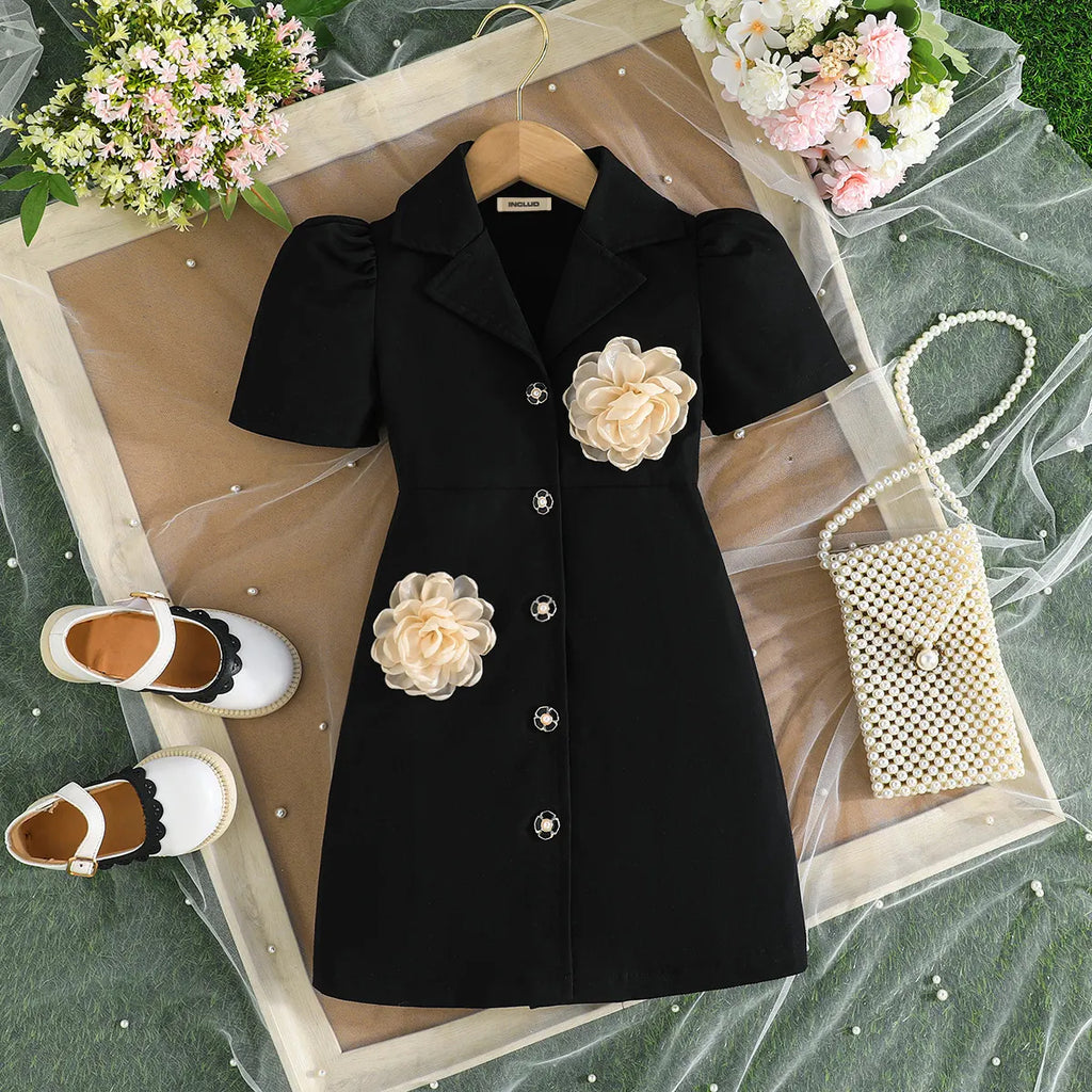 Girls Black Floral Applique Blazer Dress Casual Dresses Black 2-3 Y