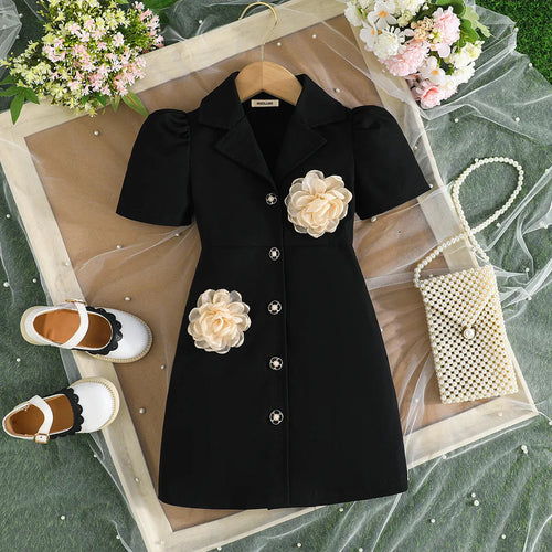 Girls Black Floral Applique Blazer Dress Casual Dresses Black 2-3 Y