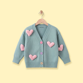 Girls Light Blue Heart Applique Long Sleeve Cardigan Sweaters & Cardigans Light Blue 1-2 Y