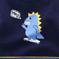 Boys Navy Blue Self-Design Dinosaur Pattern Knitted Sweater Sweaters & Cardigans