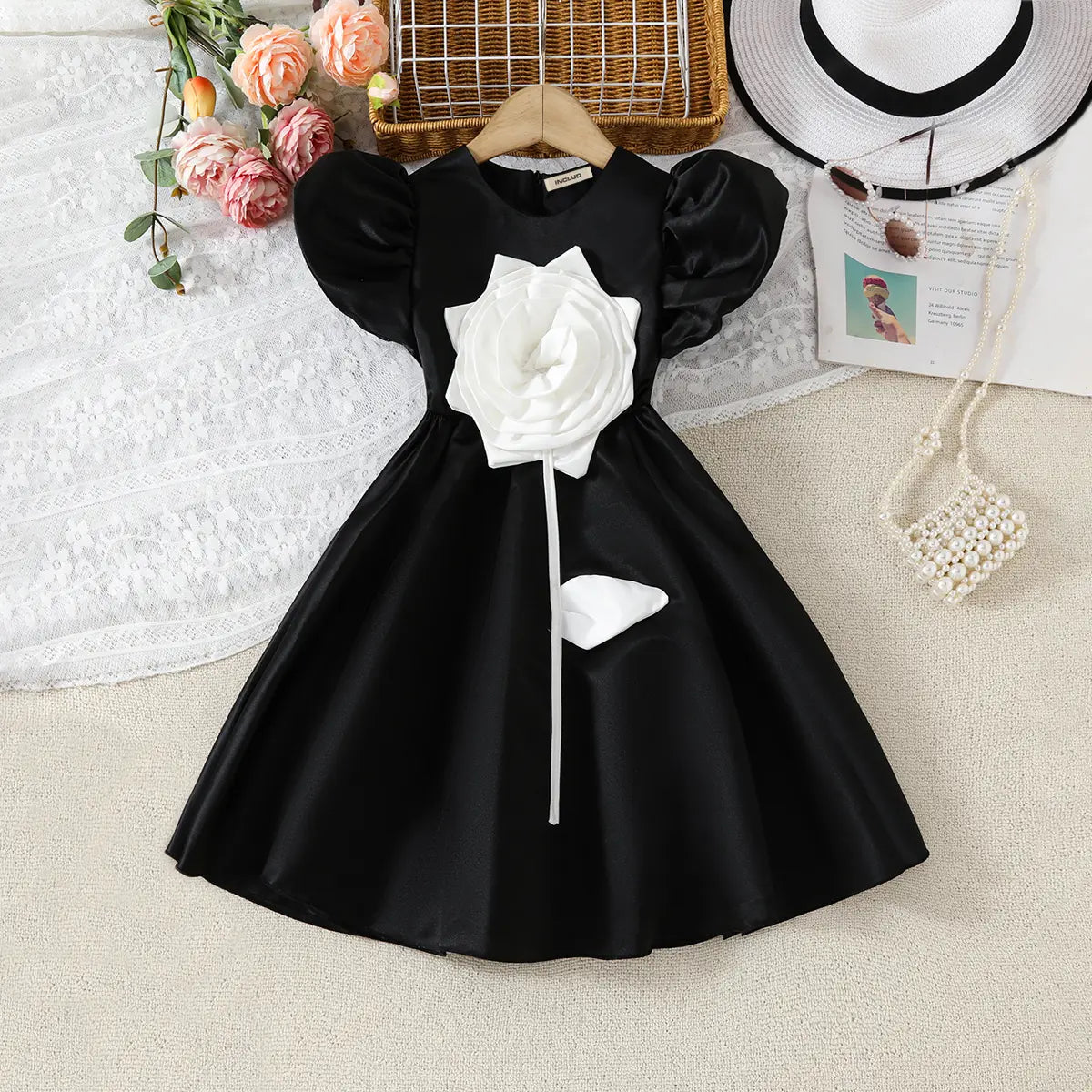 Girls Black 3D Flower Applique Fit & Flare Party Wear Dress Party Dresses Black 3-4 Y