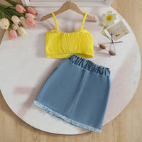 Girls Yellow 3D Flower Applique Embellished Top With Denim Skirt Sets Sets