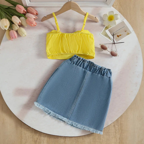 Girls Yellow 3D Flower Applique Embellished Top With Denim Skirt Sets Sets