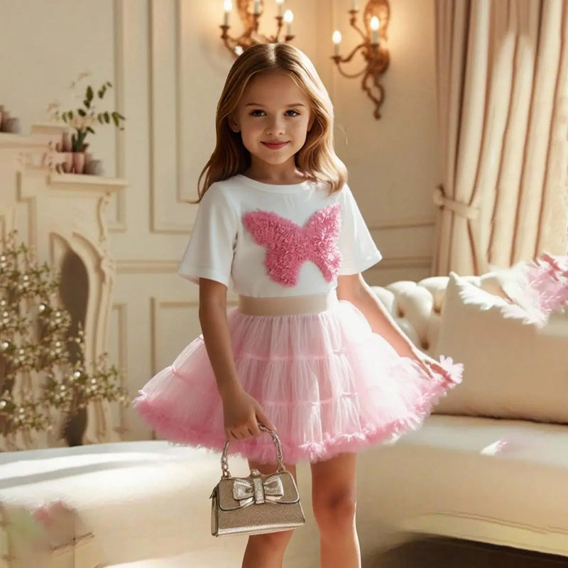 Girls 3D Butterfly Applique Top With Pink Tiered Tulle Skirt Sets Sets