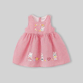 Girls Red Checked Bunny Embroidered Fit & Flare Dress Casual Dresses