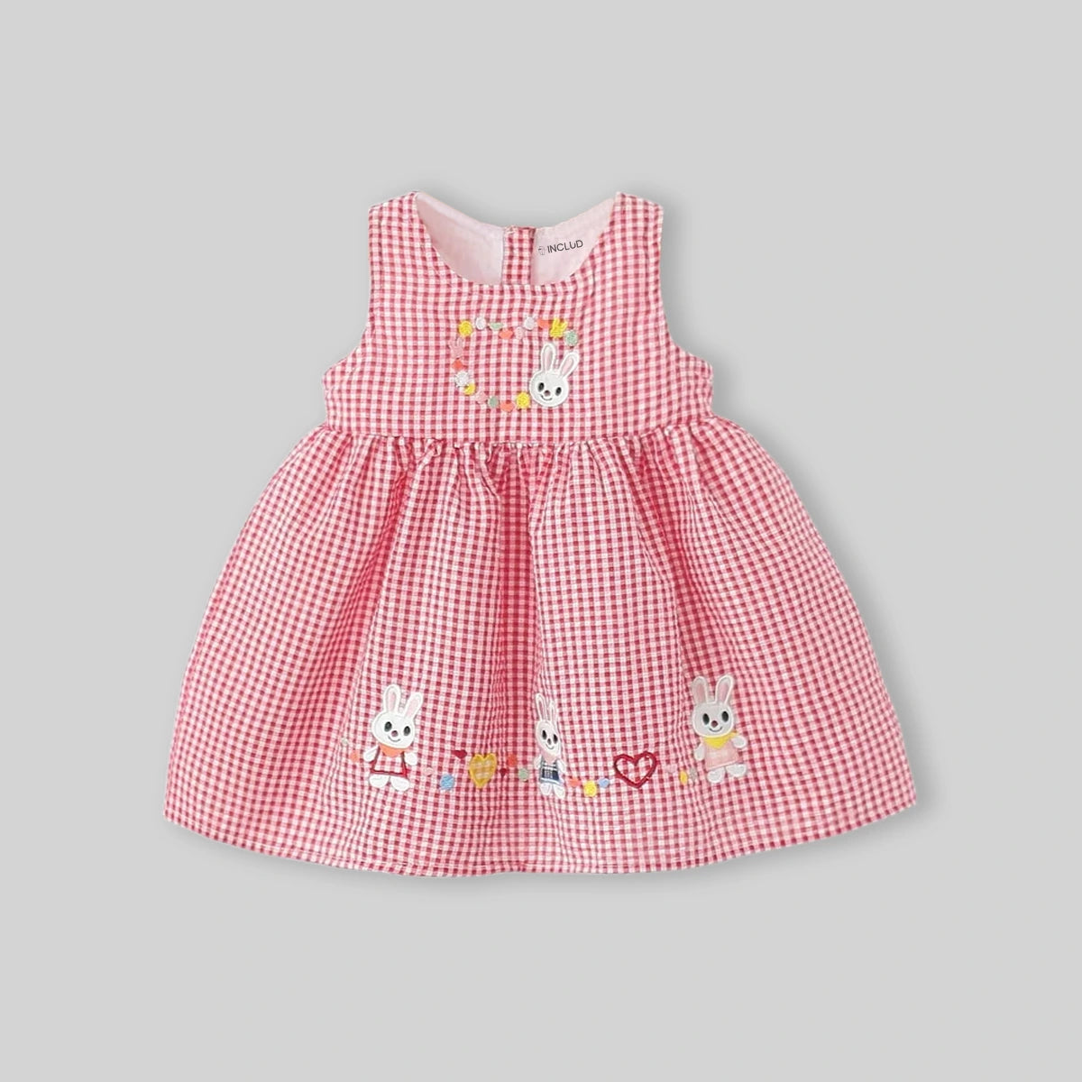 Girls Red Checked Bunny Embroidered Fit & Flare Dress Casual Dresses