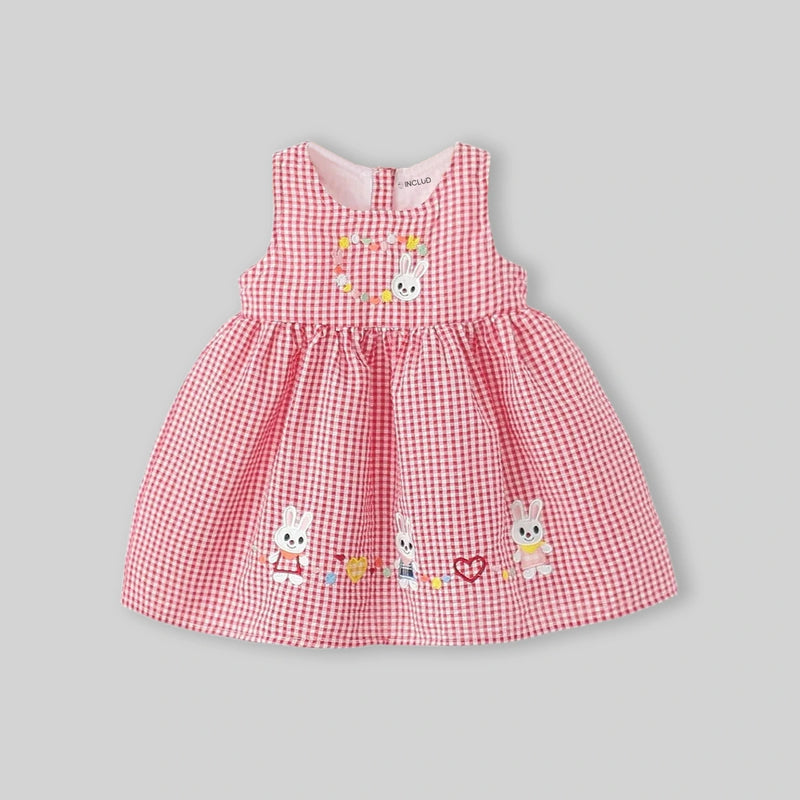 Girls Red Checked Bunny Embroidered Fit & Flare Dress Casual Dresses