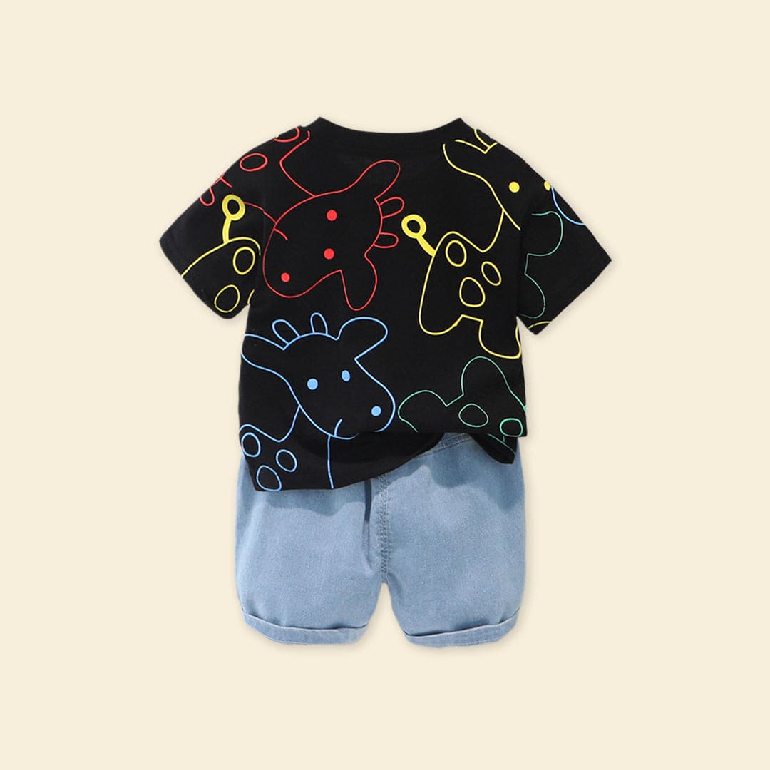 Boys Black Giraffe Graphic T-Shirt With Denim Shorts Sets   